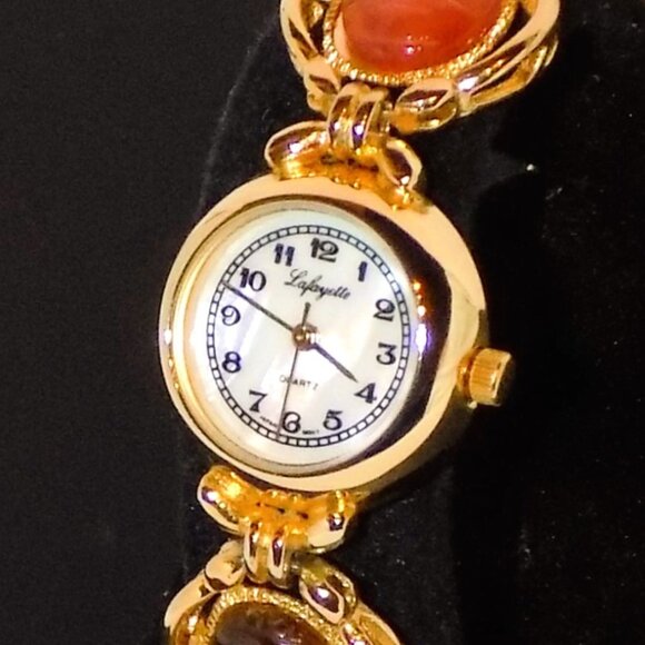 Vintage Ladies Lafayette Carved Semi-Precious Stone Scarab Mother-of-Pearl Watch - Picture 2 of 14